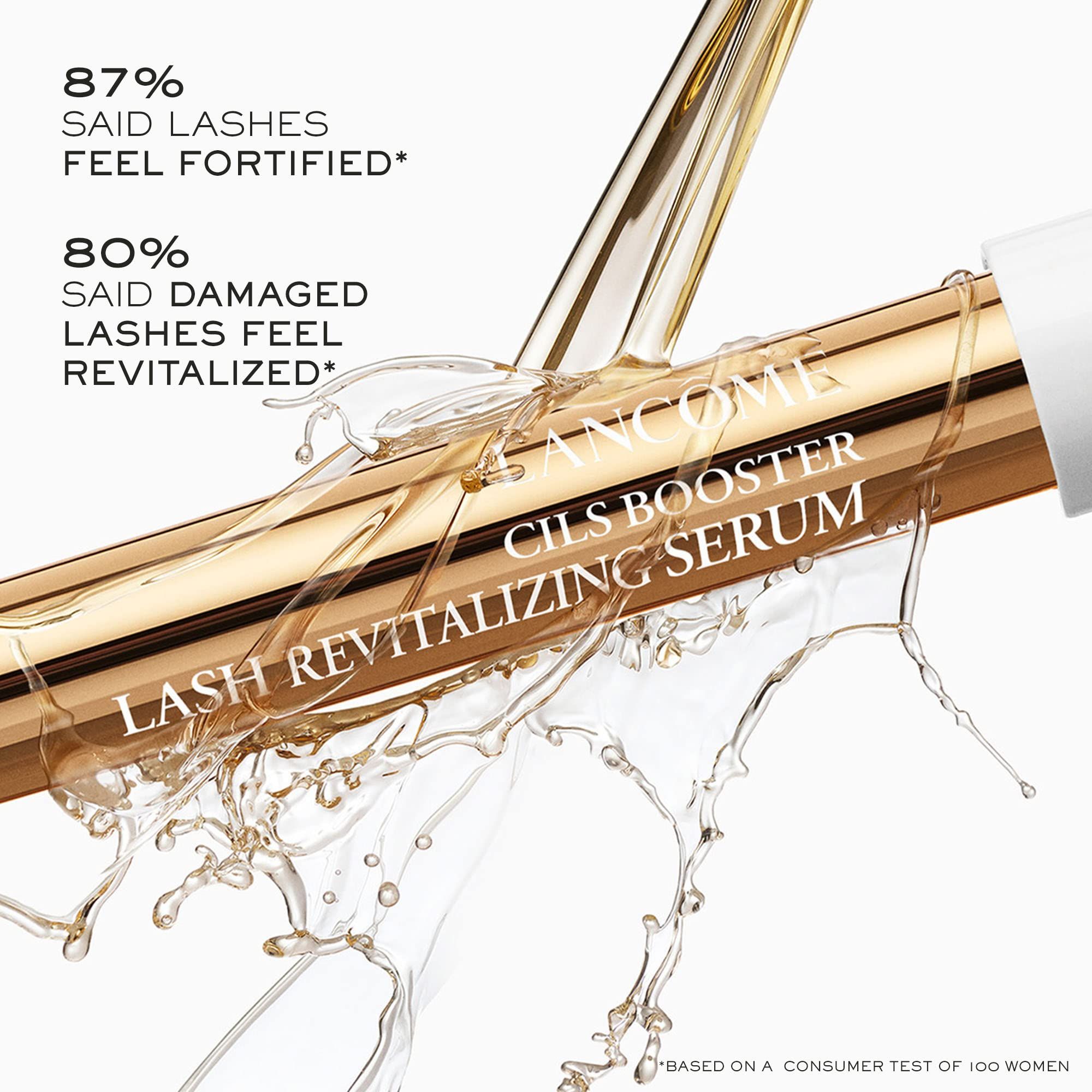 Flacone di siero dorato con spruzzi d'acqua. Testo: Lancôme, Cils Booster Lash Revitalizing Serum. Percentuali dei risultati.