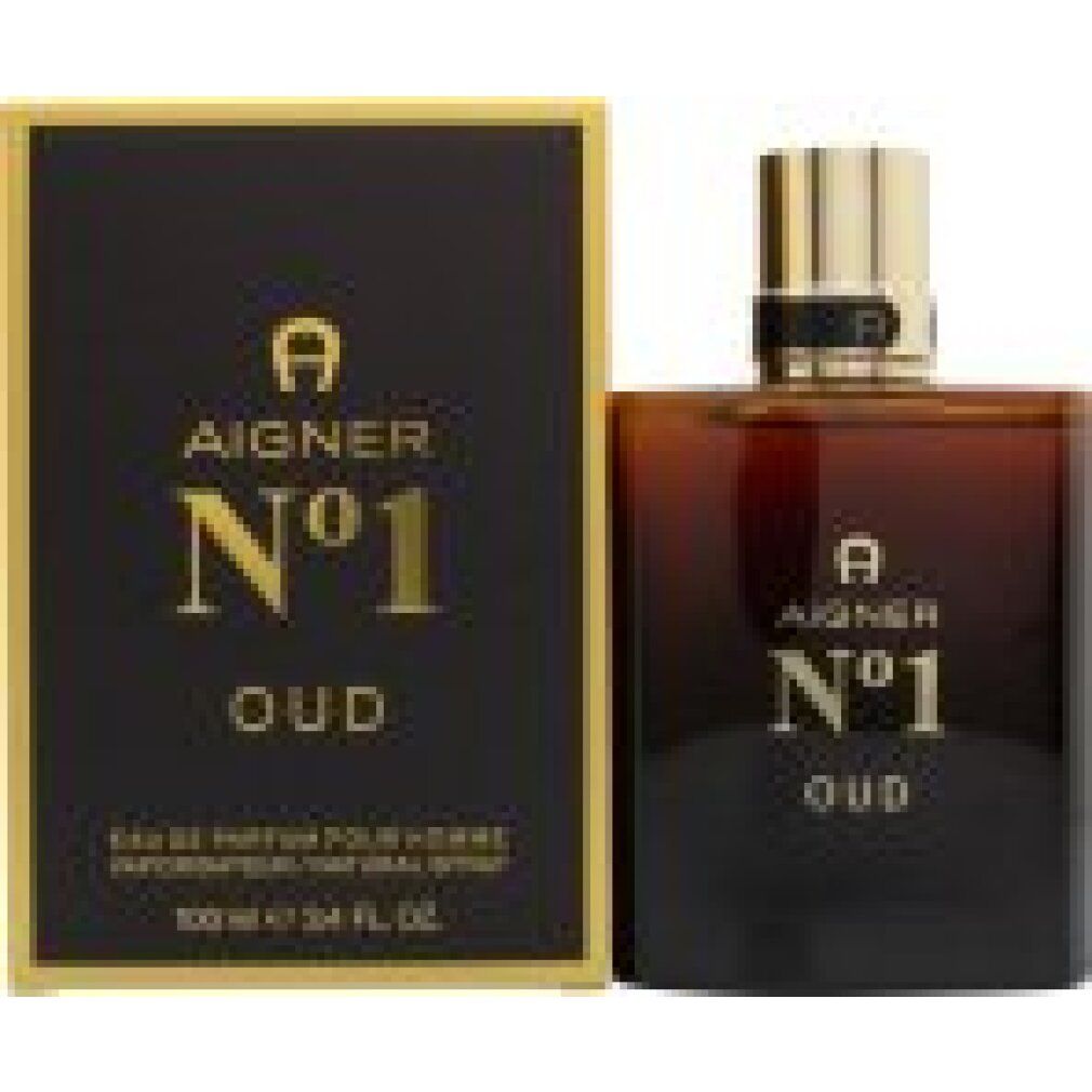 Flacone di profumo e confezione. Flacone marrone, tappo dorato. Confezione nera con testo dorato. Marchio Aigner, prodotto No 1 Oud.