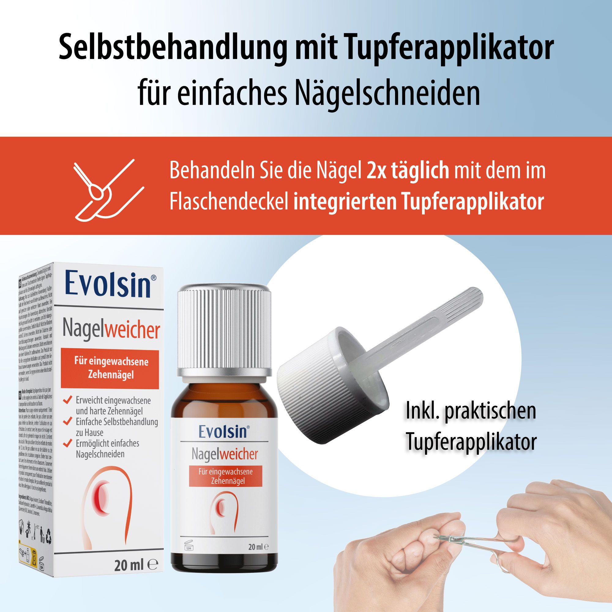 Flacone del prodotto con applicatore. Testo: Autotrattamento con applicatore per un taglio unghie facile. Con applicatore pratico.