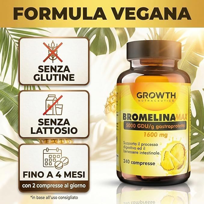 Flacone Bromelina accanto a simboli: Senza glutine, senza lattosio, fino a 4 mesi. Prodotto: GROWTH Bromelina MAX, 240 compresse.