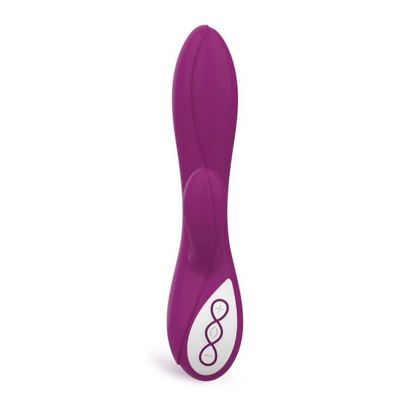 Vibratore viola con due stimolatori e accento bianco. Vista frontale con controlli.