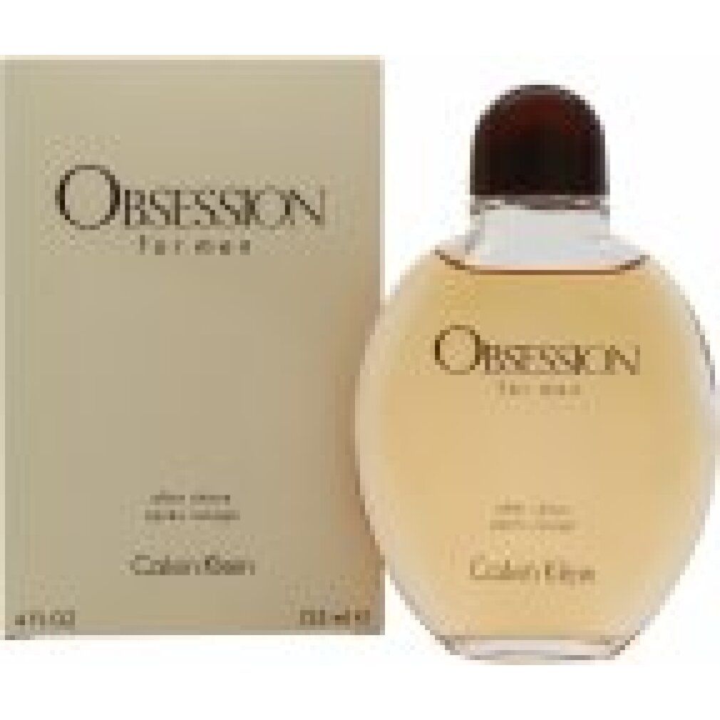 Lozione dopobarba Calvin Klein Obsession for Men. Flacone e confezione. Scritta: Obsession for men, after shave, Calvin Klein.