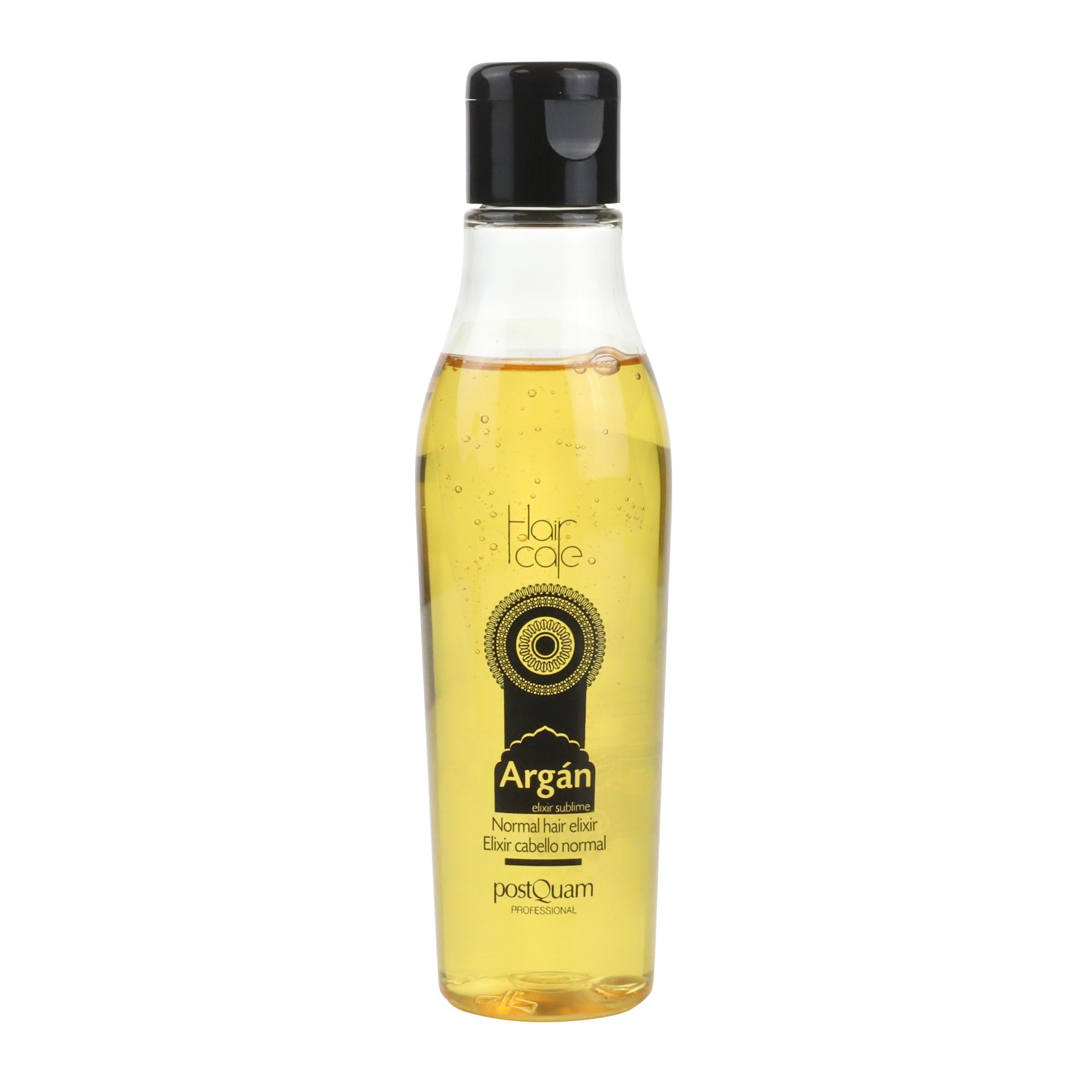 Flacone trasparente con tappo nero. Etichetta con nome del prodotto e logo. Liquido giallo.