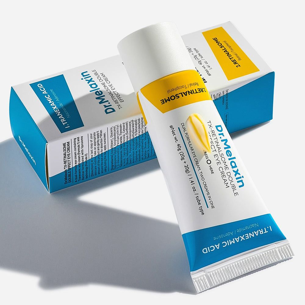 Crema contorno occhi Dr.Melaxin Retinalsome Double Effect, tubo e scatola.