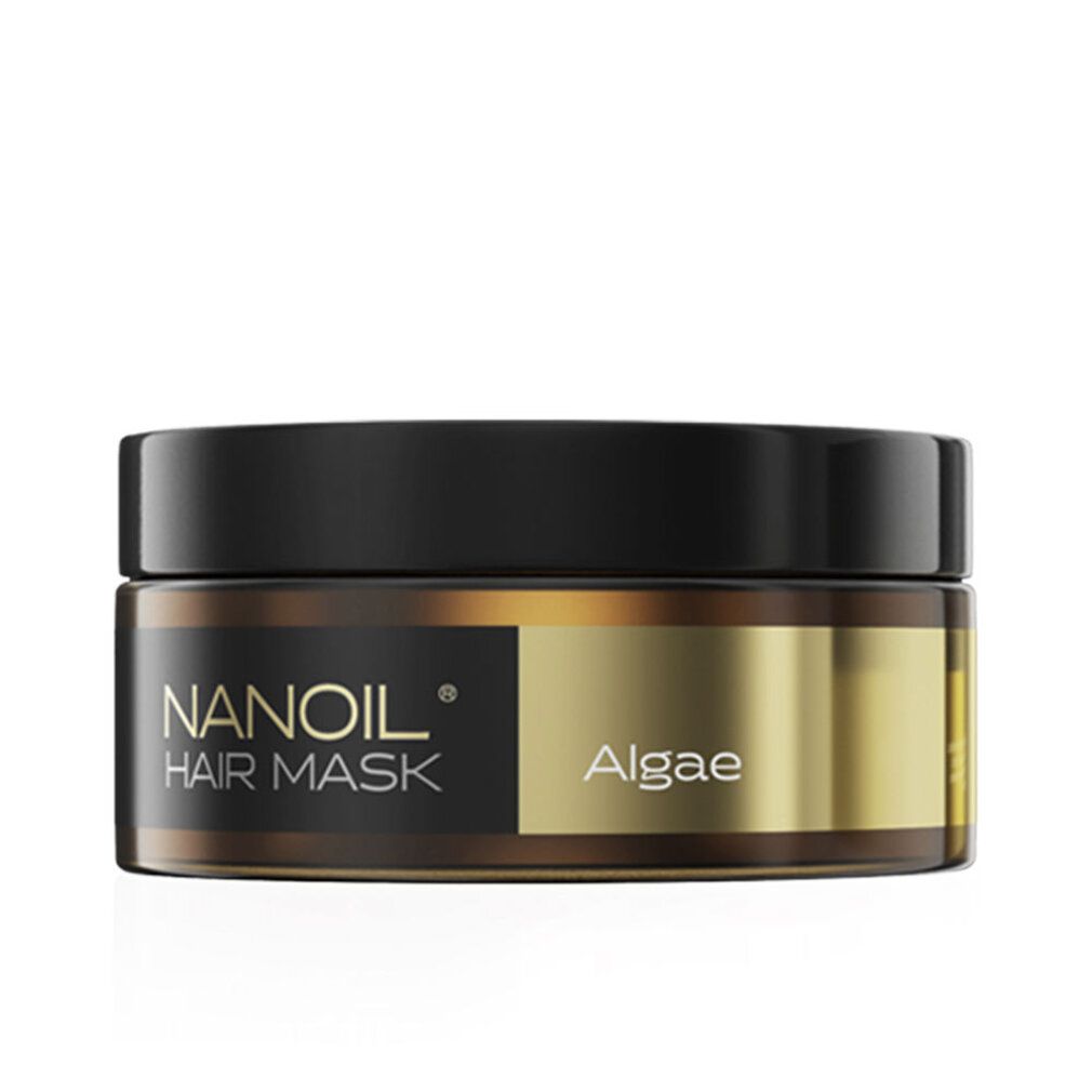 Barattolo rotondo con coperchio nero. Scritta: NANOIL HAIR MASK Algae. Etichette dorate e nere.