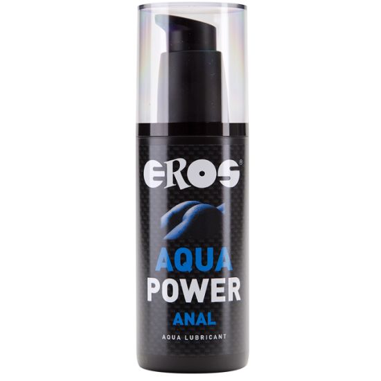 Lubrificante anale Eros Aqua Power in flacone nero con dosatore e tappo trasparente.
