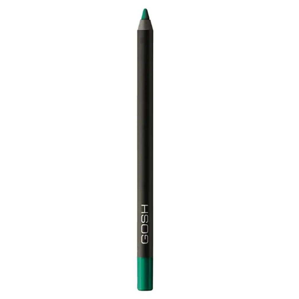 Eyeliner verde Gosh Velvet Touch. Matita nera con estremità verde. Logo Gosh sulla matita.
