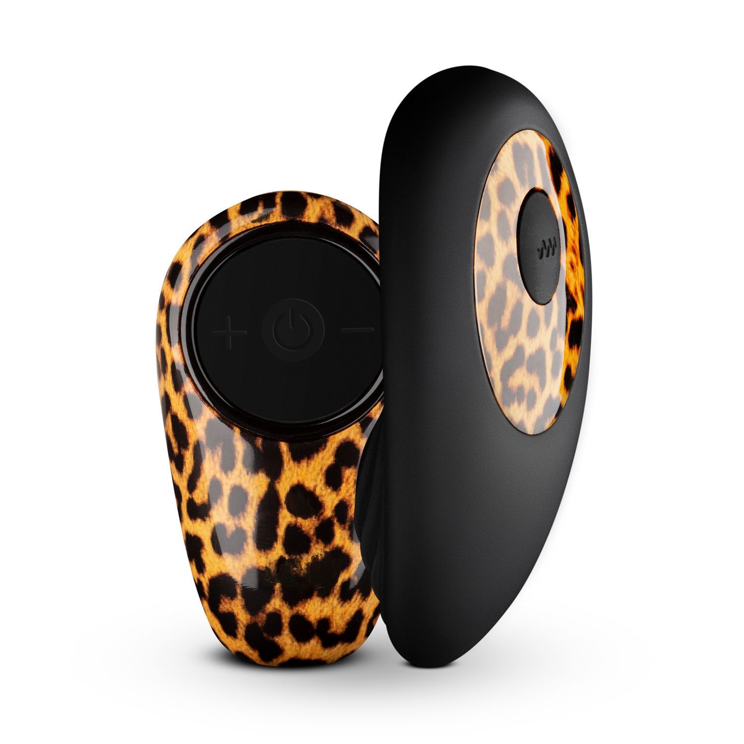 Vibratore con motivo leopardato e manico nero. Pannello di controllo con pulsanti. Vista del prodotto.