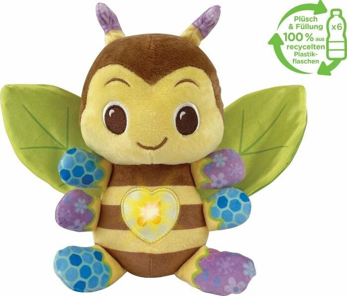 Peluche ape con corpo giallo-marrone, ali verdi e cuore luminoso sul ventre. Imbottitura 100% in plastica riciclata.