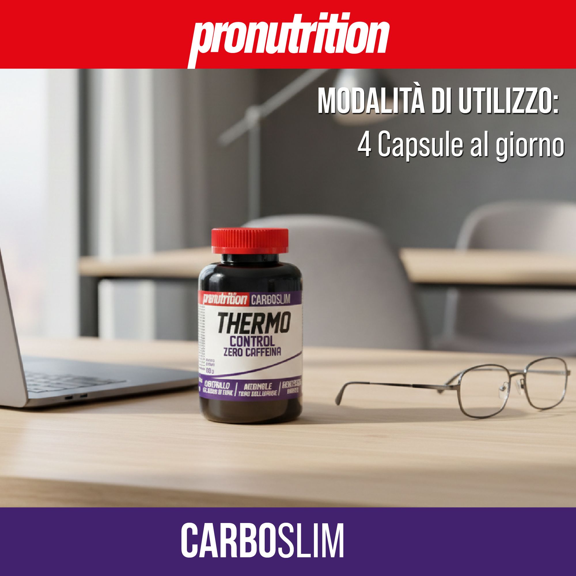 Flacone nero con tappo rosso. Scritta: Thermo Control Zero Caffeine. Su tavolo con occhiali e laptop.