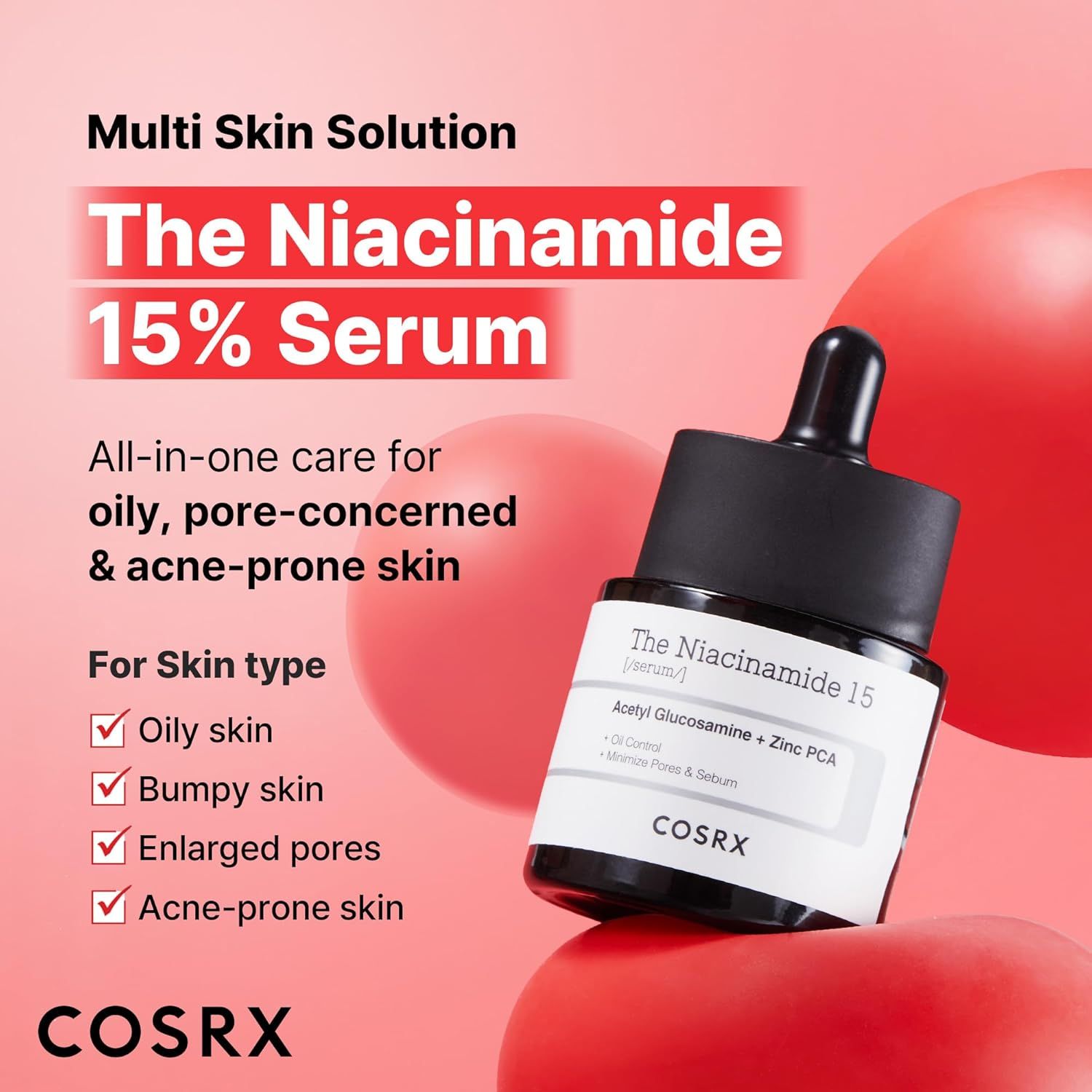 Flacone di siero COSRX Niacinamide 15. Adatto per pelli grasse, problematiche, pori dilatati, acneiche.