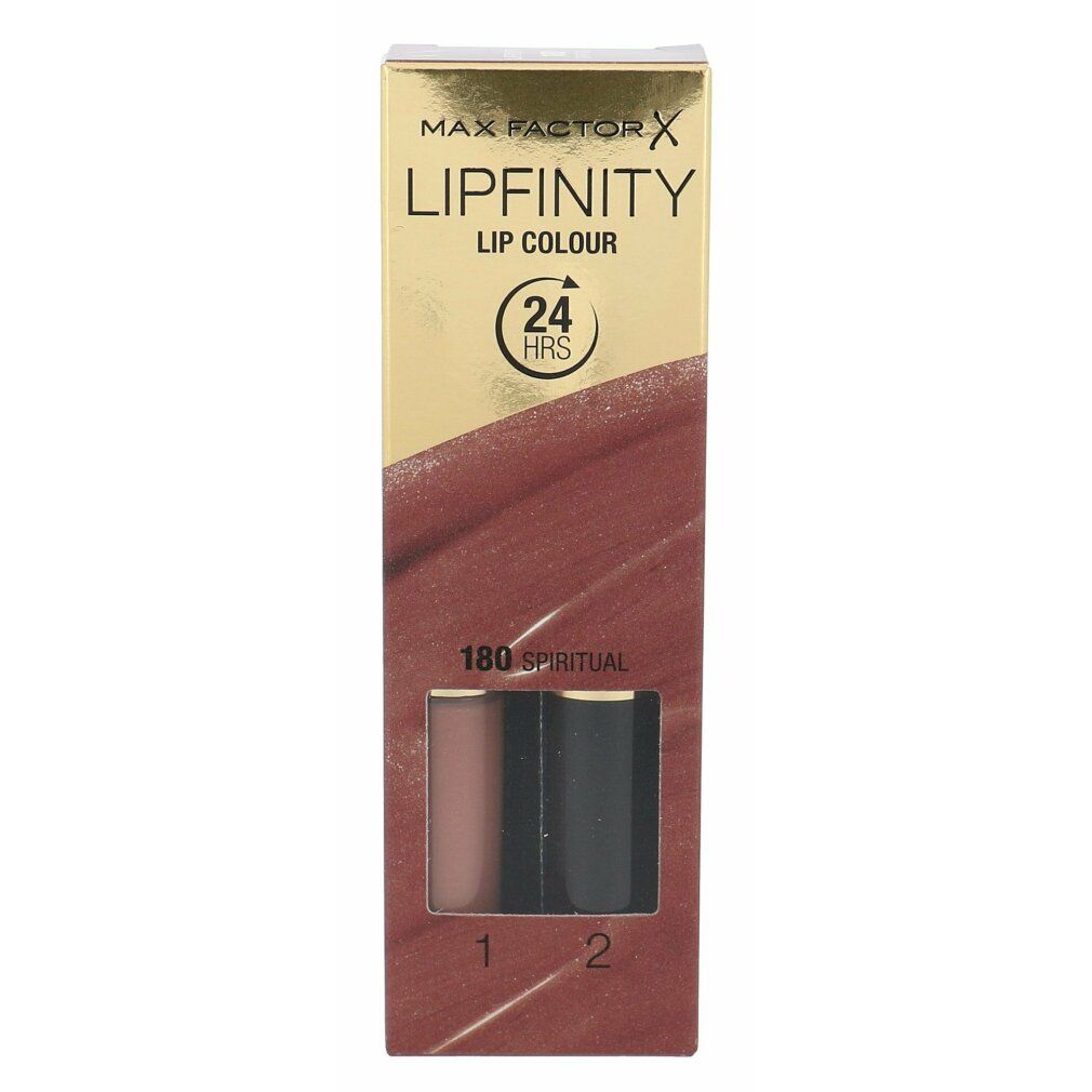 Max Factor Lipfinity Lip Colour 180 Spiritual. Confezione con due rossetti. Tappi neri, scritta dorata. Tonalità rosa-marrone.