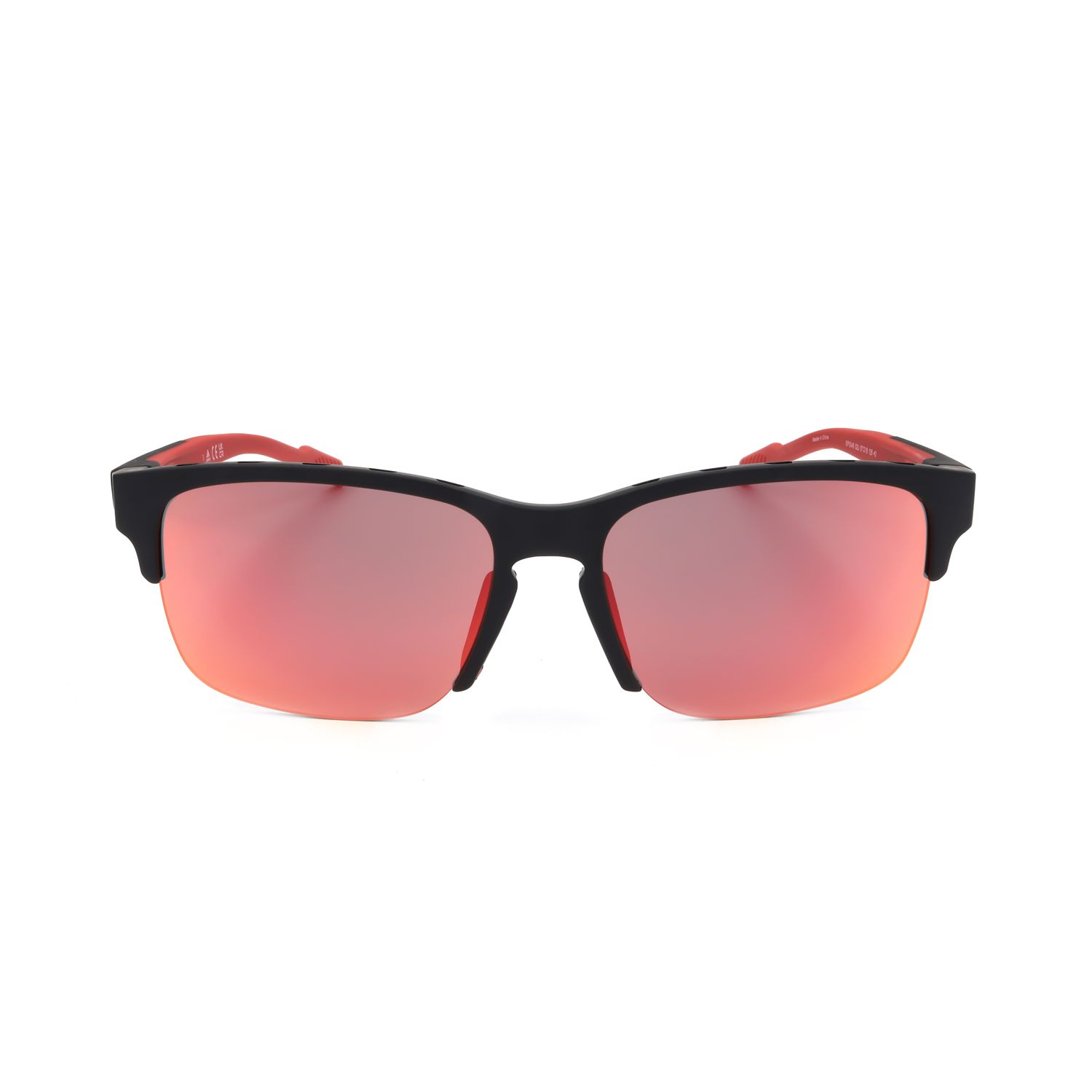 Occhiali da sole sportivi con montatura nera e aste rosse, lenti a specchio rosse.