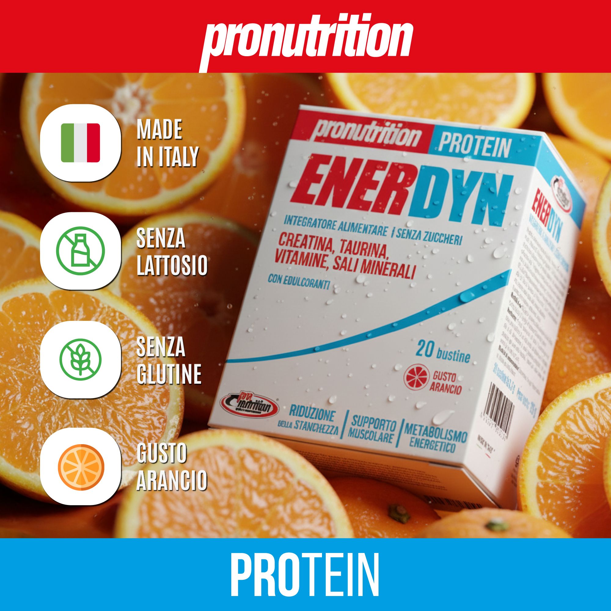 Scatola di proteine Enerdyn, circondata da arance. Testo: Made in Italy, Senza Lattosio, Senza Glutine, Gusto Arancio.