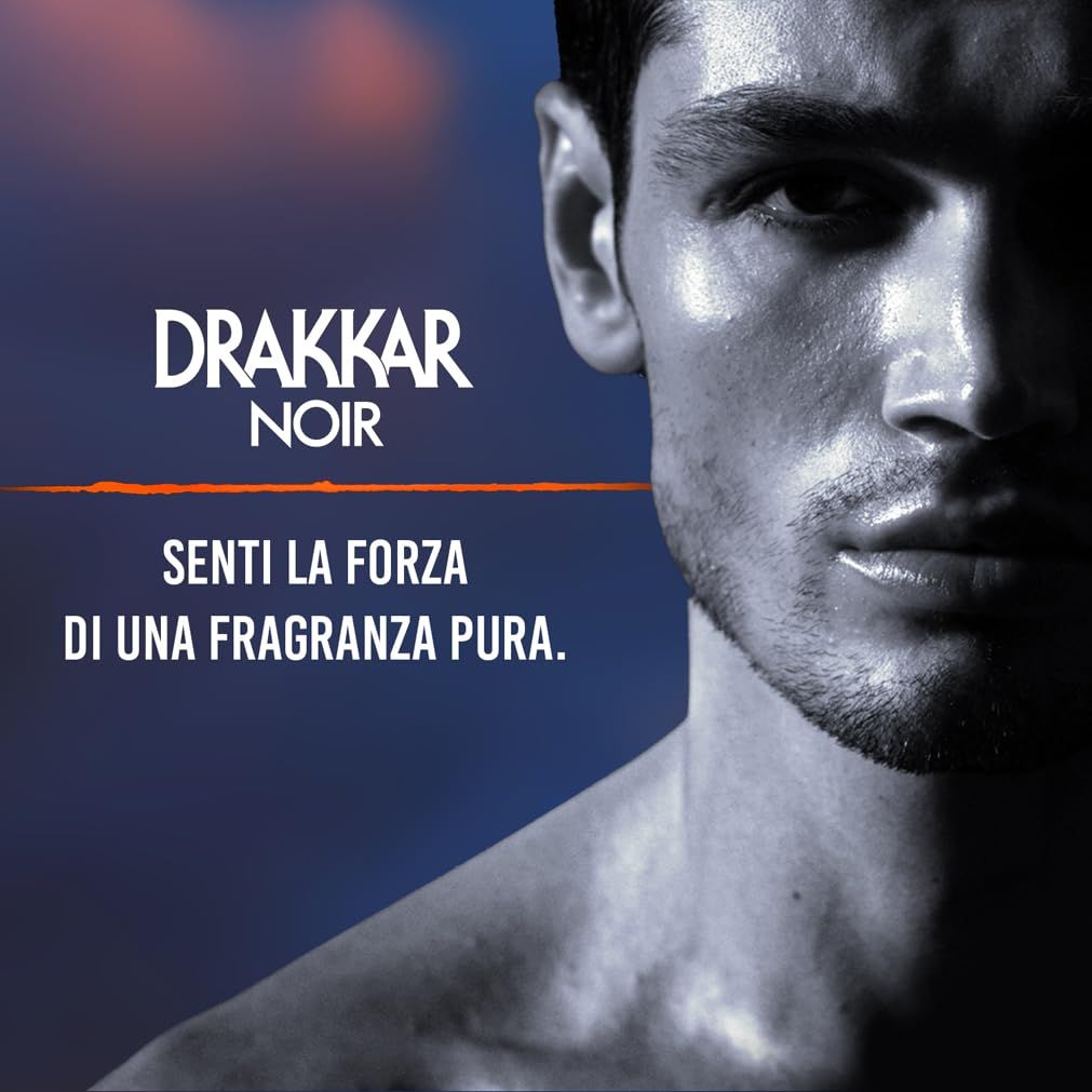 Pubblicità con logo "Drakkar Noir" e un uomo. Testo: "Senti la forza di una fragranza pura".