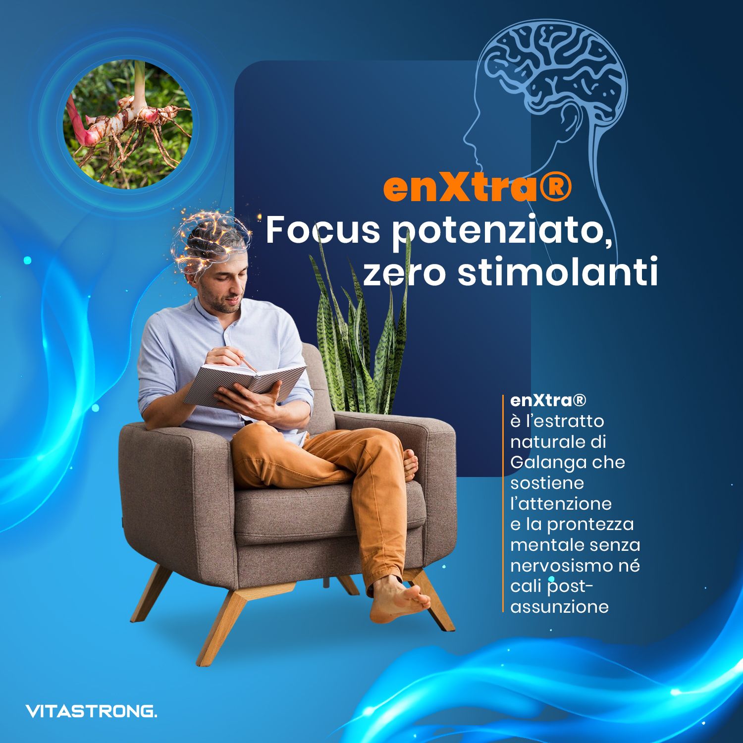 Uomo seduto in poltrona, legge. Testo: enXtra, Focus potenziato, zero stimolanti. Logo enXtra.