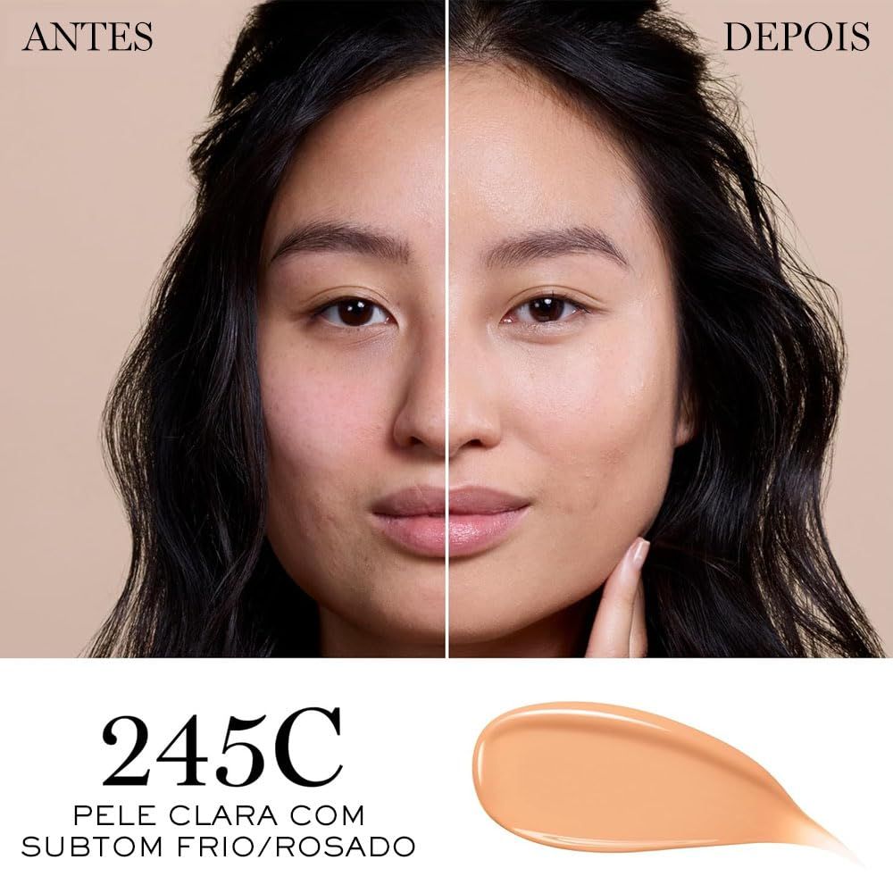 Viso di donna, prima e dopo l'applicazione del fondotinta. In basso, tonalità 245C, pelle chiara, sottotono freddo. Campione.