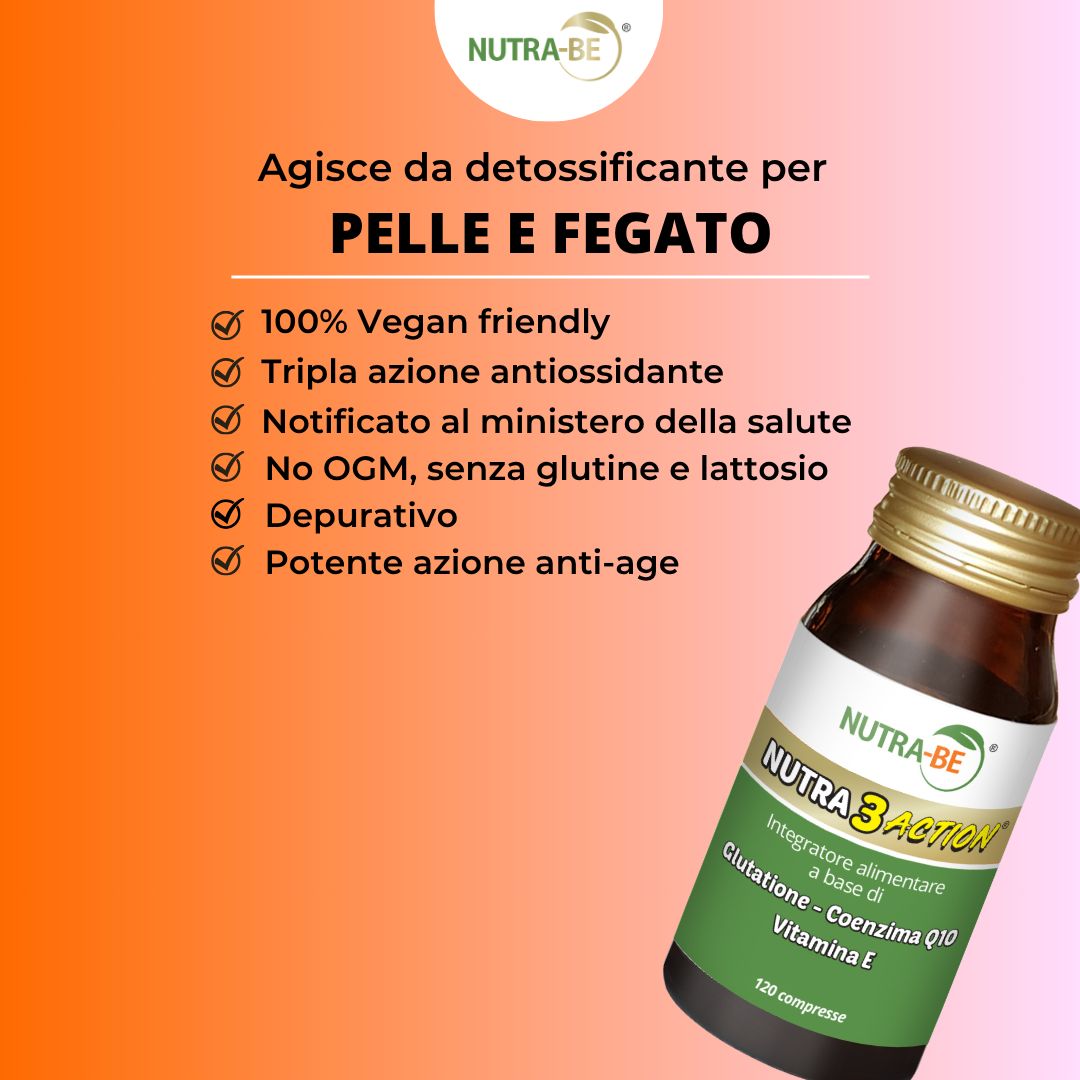 Testo pubblicitario: "Agisce da detossificante per pelle e fegato". Elenco vantaggi, flacone "NUTRA 3 ACTION" con ingredienti: Glutatione, Coenzima Q10, Vitamina E.