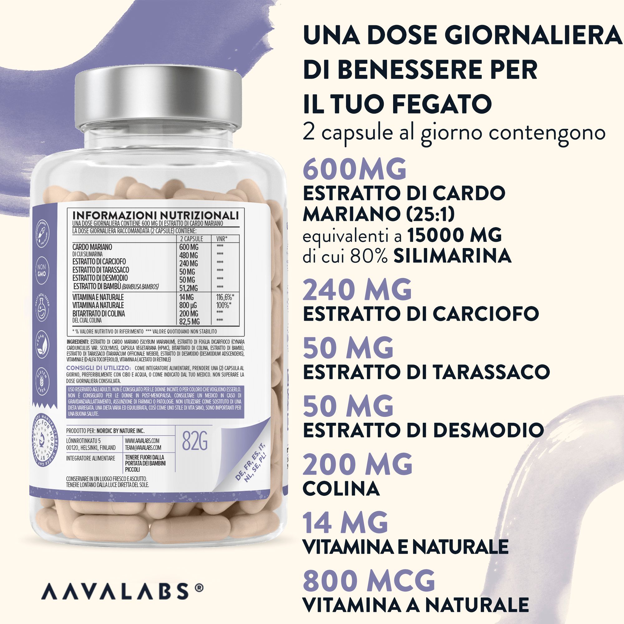Flacone di capsule e informazioni. Marchio: Aavalabs. Informazioni nutrizionali. 600mg Cardo Mariano.