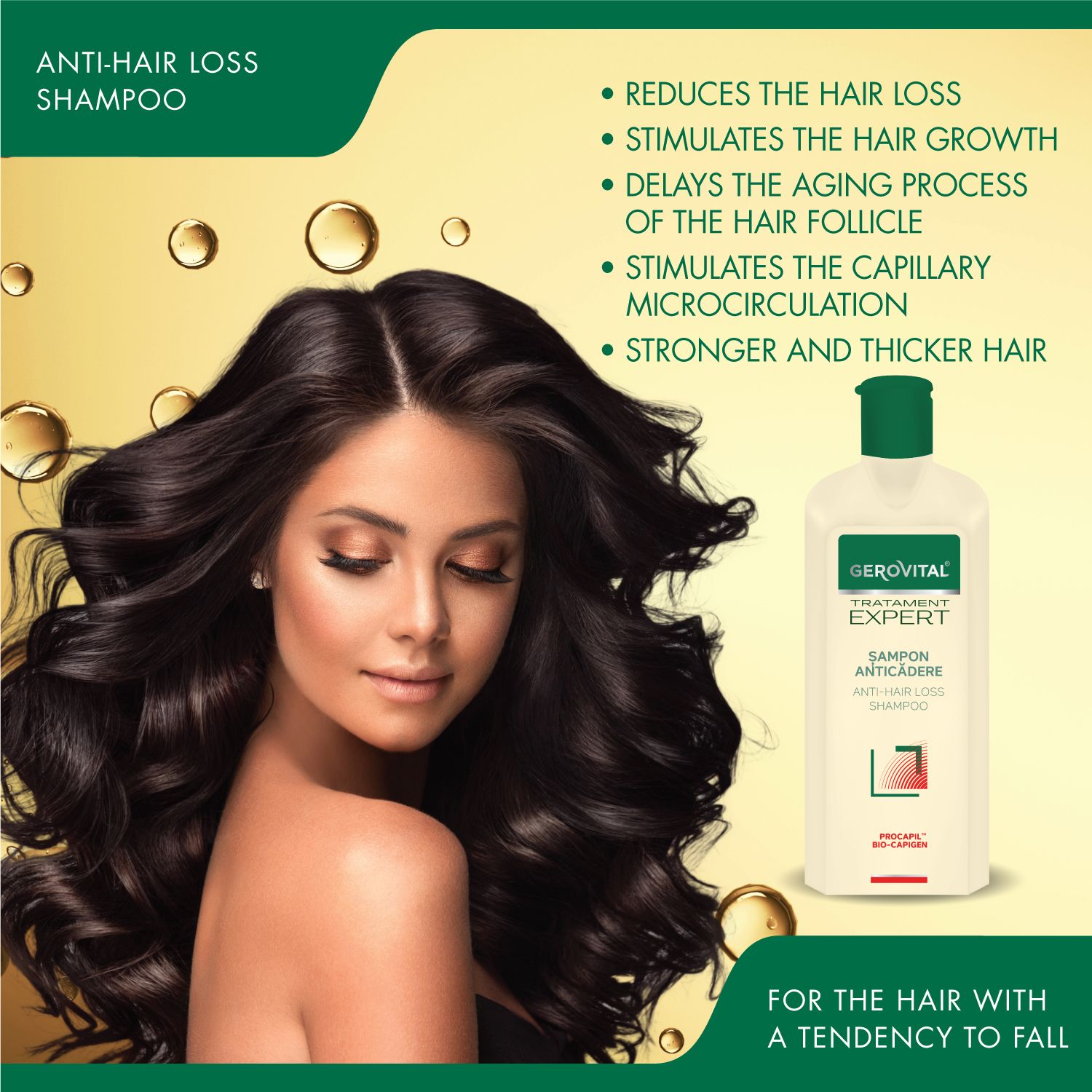 Donna con lunghi capelli scuri. Accanto, un flacone di shampoo. Scritta: Gerovital, Tratament Expert, Sampon Anticadere, Anti-Hair Loss Shampoo.