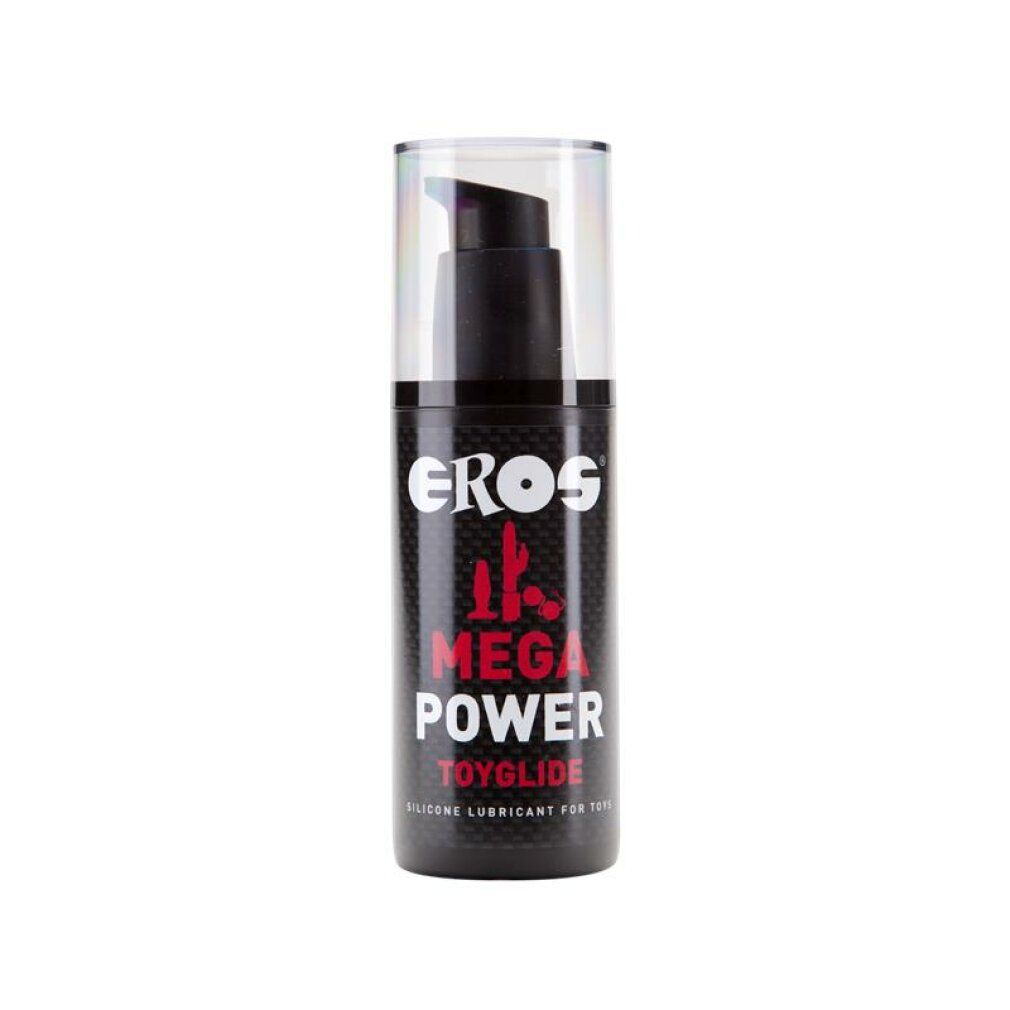 Flacone nero con pompa e tappo trasparente. Scritta: EROS MEGA POWER TOYGLIDE. Lubrificante siliconico per giocattoli.