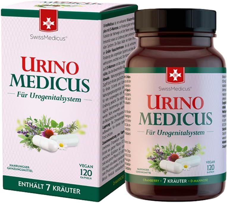 Confezione e flacone di Urino Medicus. Scritta: 120 capsule, vegano. Contiene 7 erbe.