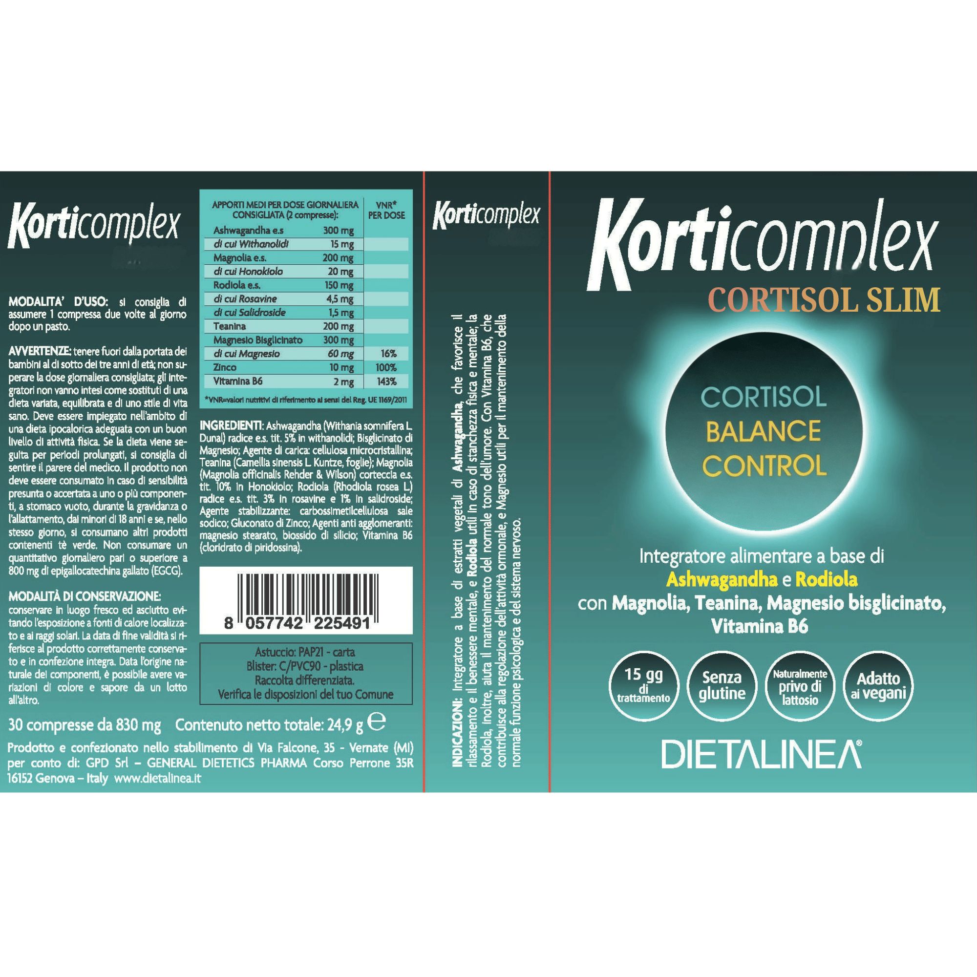 Retro della confezione Korticomplex Cortisol Slim con informazioni nutrizionali e ingredienti.