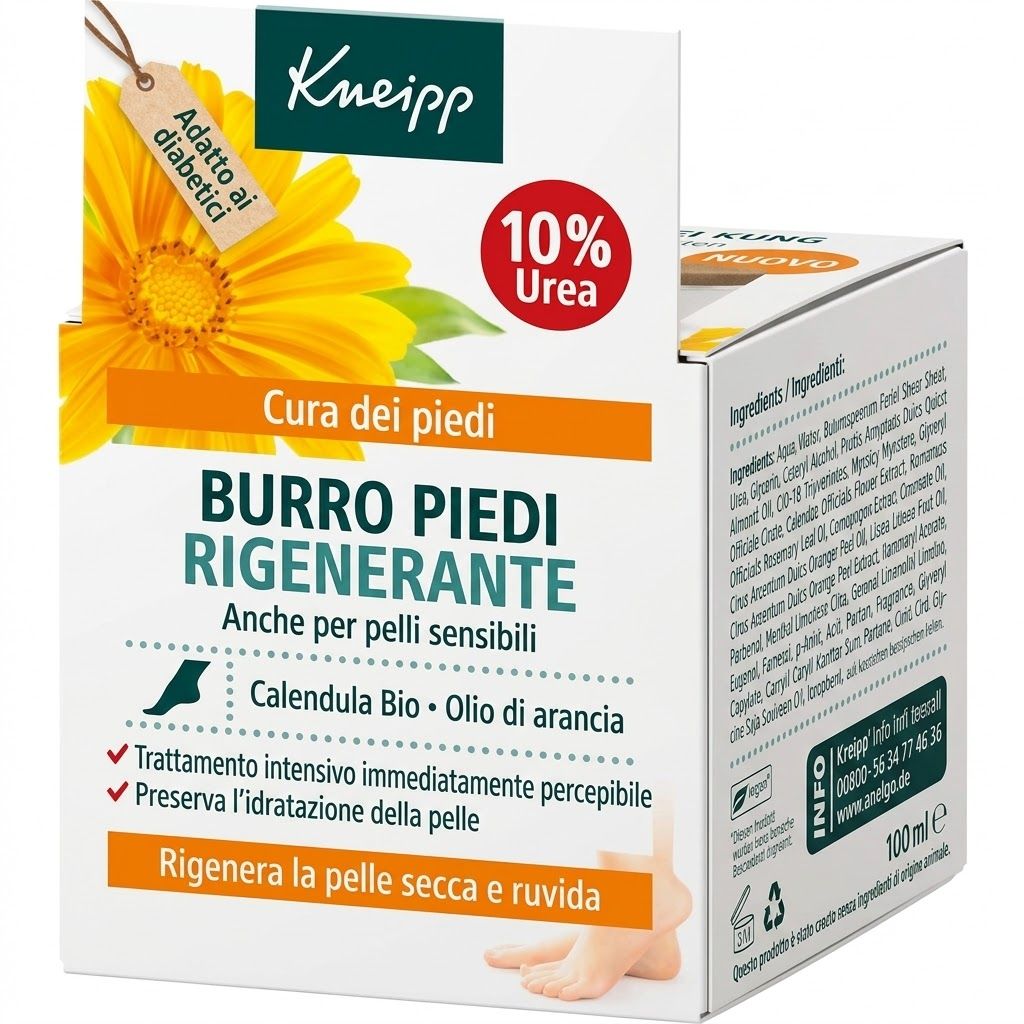 Confezione di burro per piedi. Scritta: Burro piedi rigenerante, 10% Urea, Calendula Bio, Olio d'arancia. Adatto ai diabetici. Pelle secca.