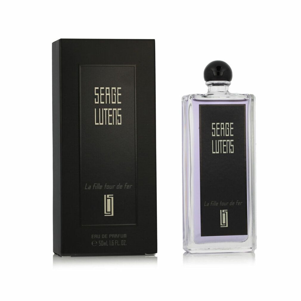 Flacone e scatola neri. Scritta bianca. Flacone rettangolare con tappo nero. Scritte: Serge Lutens, La Fille tour de fer, Eau de Parfum.