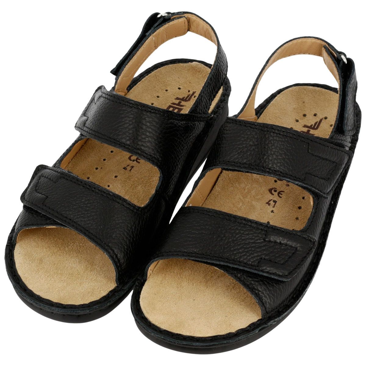 Sandalo nero da uomo con chiusura a strappo. Visibili due cinturini e cinturino al tallone. Soletta beige.