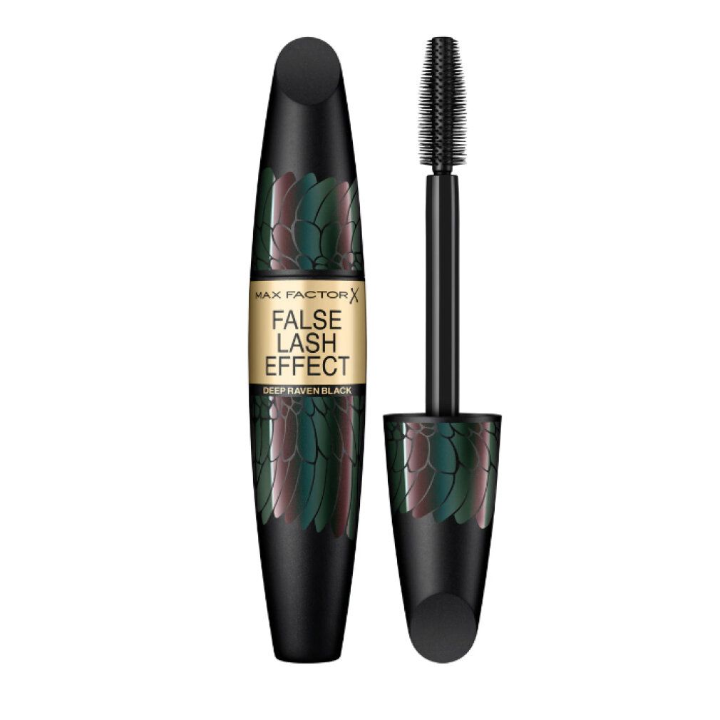 Tubo mascara nero con scritta dorata. Spazzola accanto. Decorazione piume. "False Lash Effect" e "Deep Raven Black".