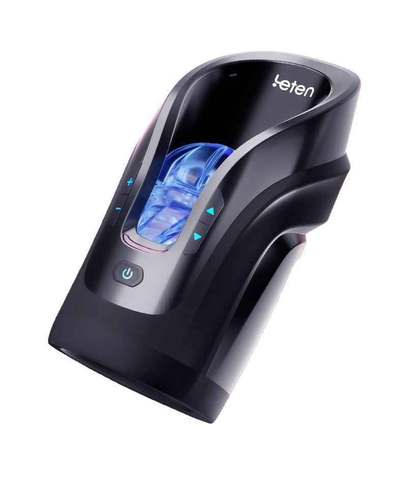 Dispositivo nero con interno blu e scritta "leten". Pulsanti di controllo e interruttore on/off visibili. Vista obliqua.