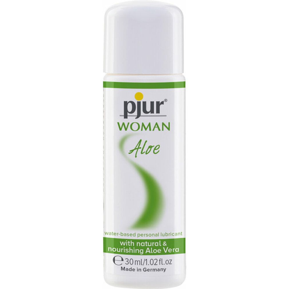 Flacone bianco con tappo bianco. Scritta: pjur WOMAN Aloe. Contiene aloe vera. 30ml/1.02 fl.oz. Prodotto in Germania.