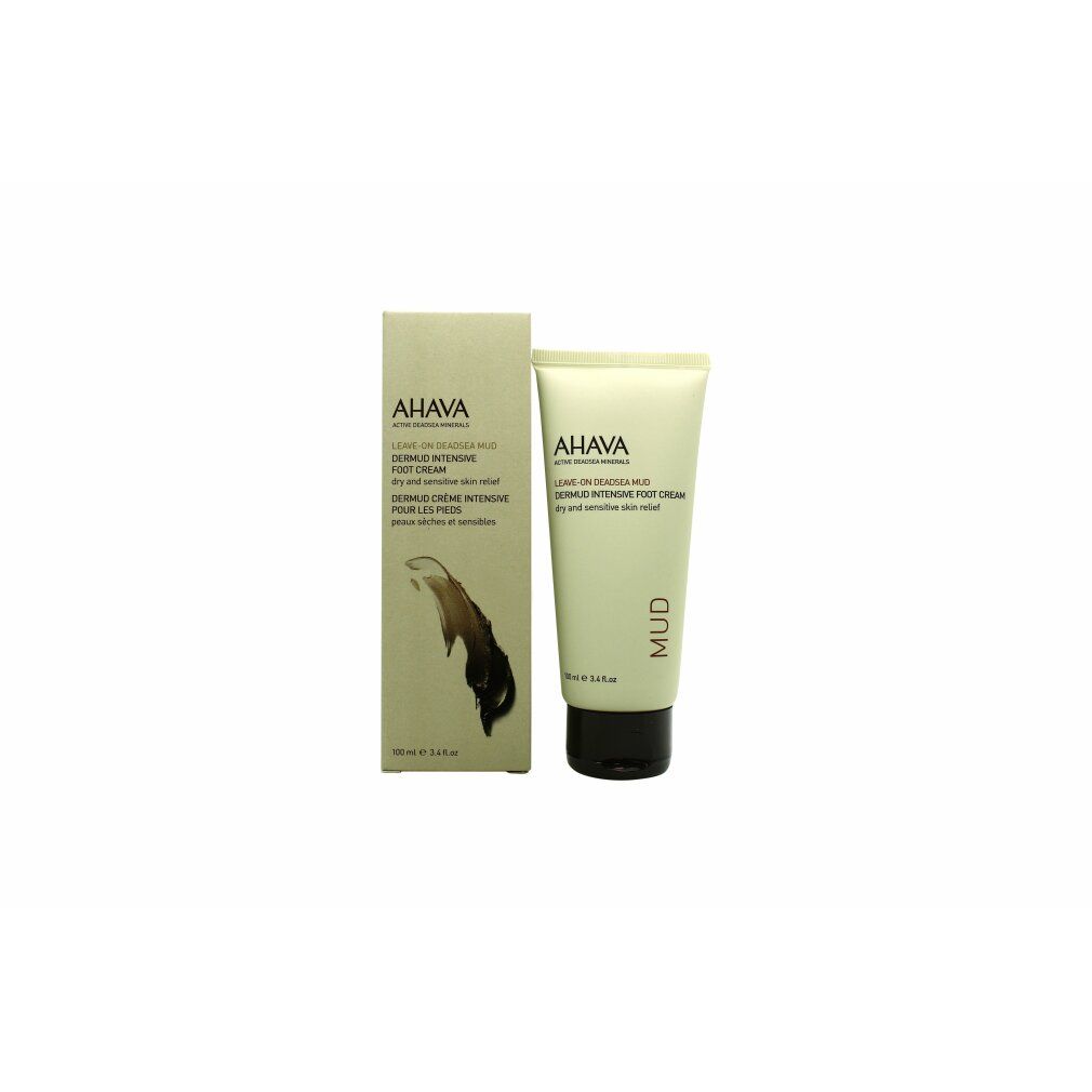 Tubo e scatola di crema. Il tubo riporta AHAVA, LEAVE-ON DEADSEA MUD, Dermud Intensive Foot Cream. La scatola riporta AHAVA.
