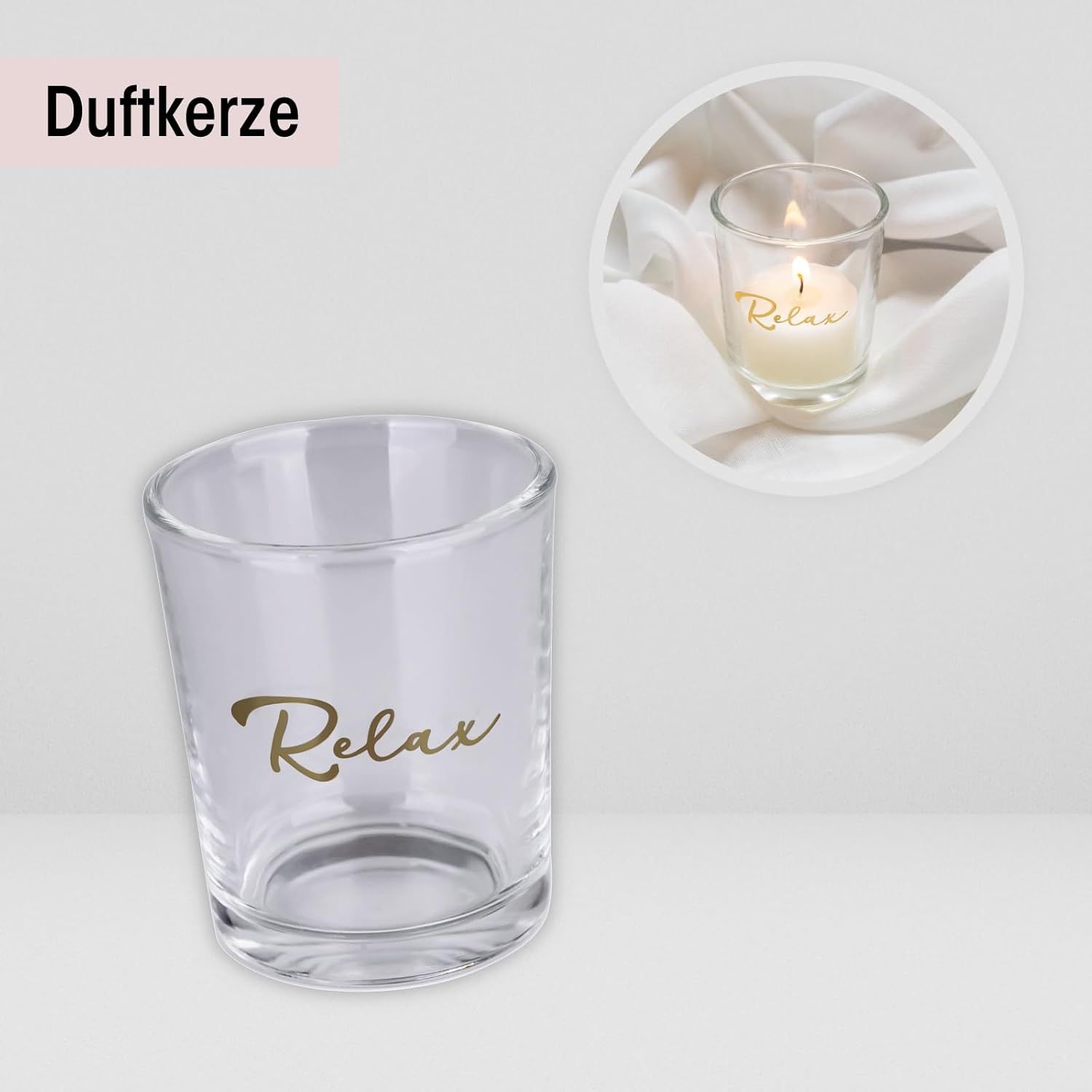 Candela profumata in vetro. Bicchiere con scritta dorata 'Relax'. Candela accesa.