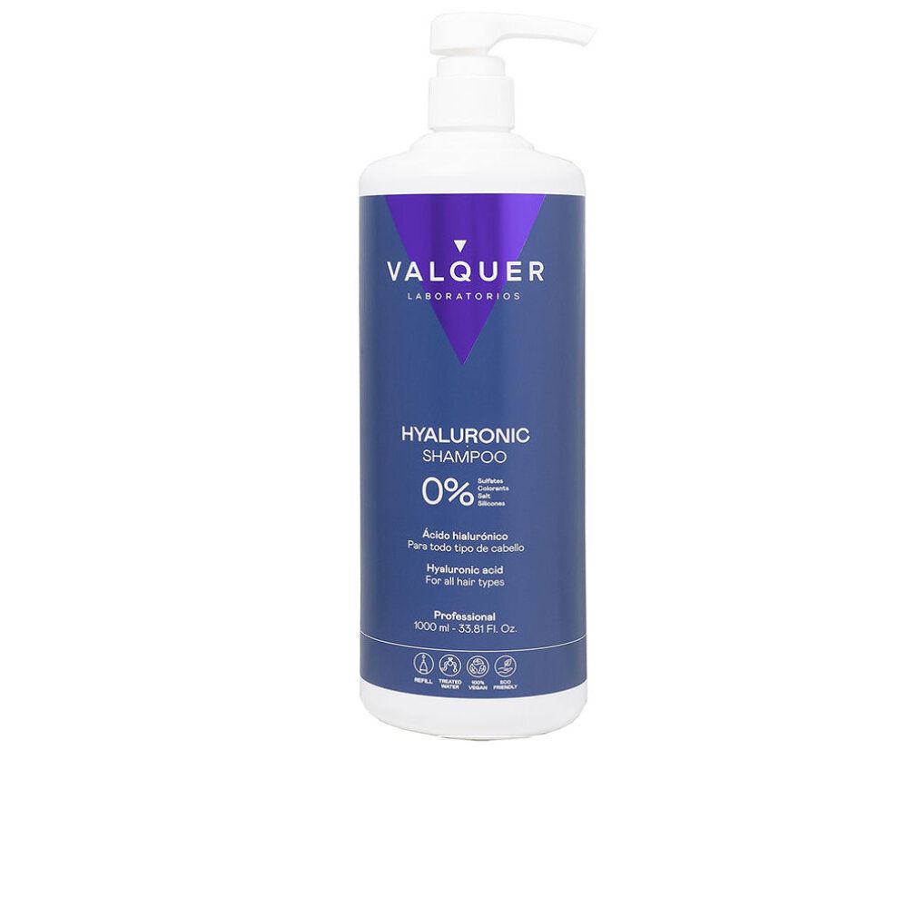 Flacone di shampoo Valquer Hyaluronic con dosatore. Etichetta blu e bianca con informazioni e logo.