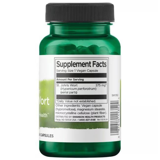 Retro del flacone verde. Scritta: Supplement Facts, Iperico 375 mg, capsula vegana.