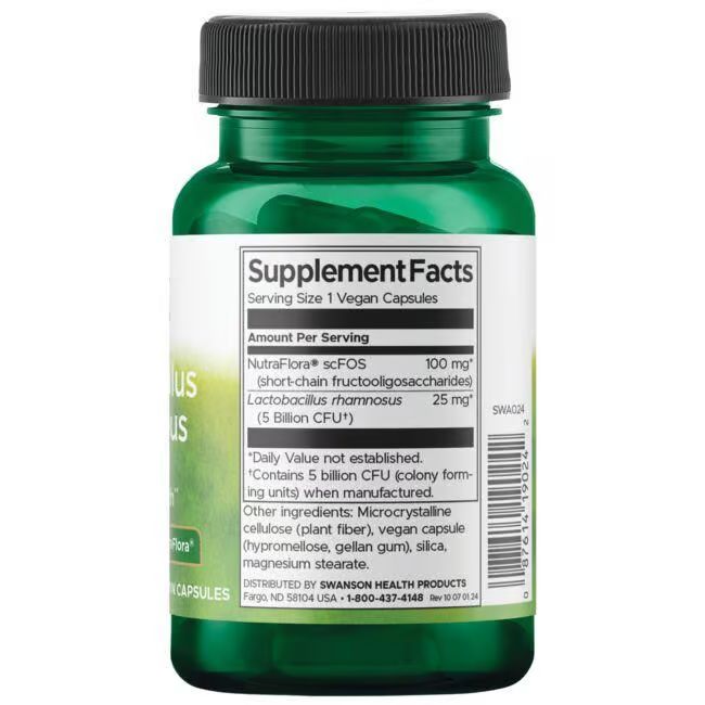 Retro di un flacone verde di capsule. Scritta: Supplement Facts. Contiene Lactobacillus Rhamnosus, 25 mg.