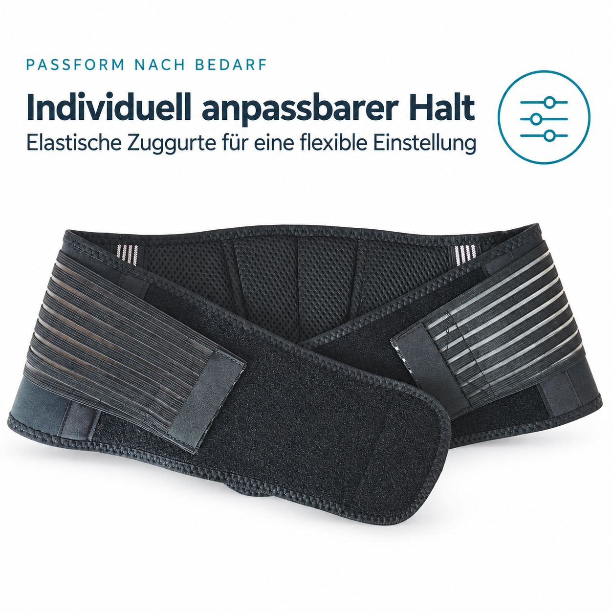Cintura lombare nera con cinghie elastiche per una compressione e un supporto personalizzati.