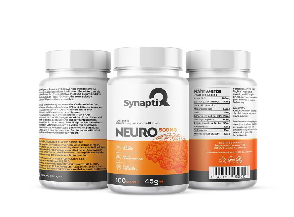 Tre flaconi bianchi SynaptiQ Neuro. Scritta Neuro 600mg, 100 capsule, 45g. Etichette arancioni con informazioni nutrizionali e illustrazione del cervello.