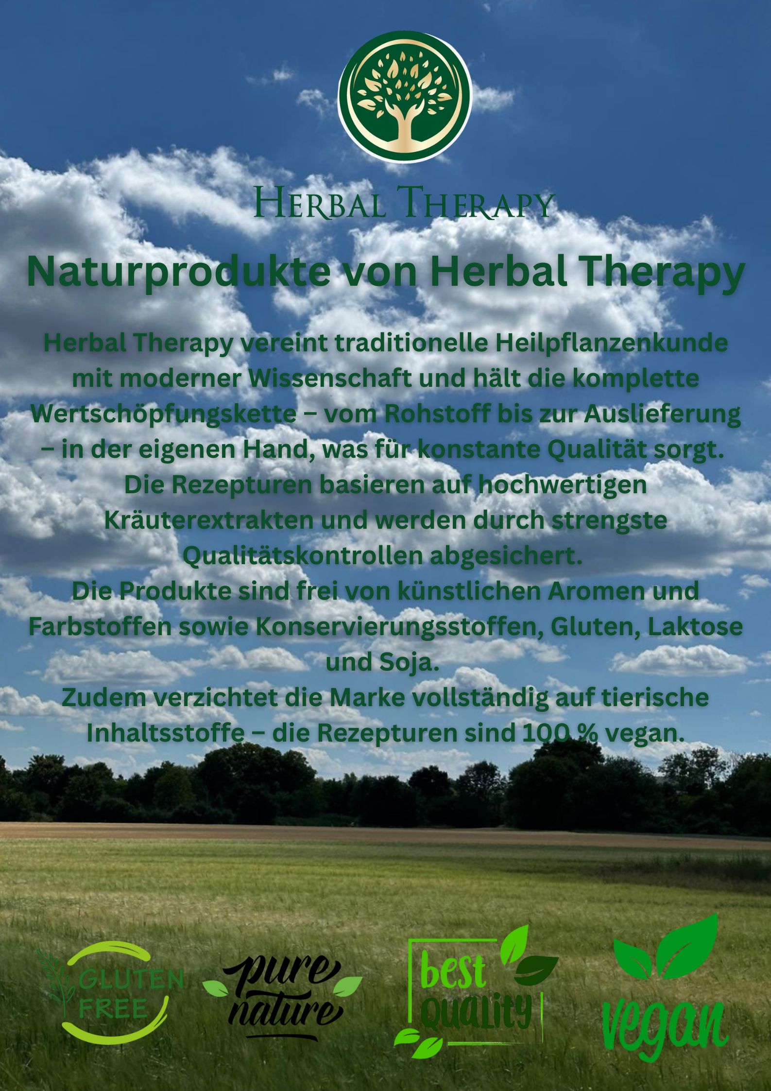 Immagine promozionale con testo. Logo Herbal Therapy. Prodotti naturali di Herbal Therapy. Testo su qualità e ingredienti.