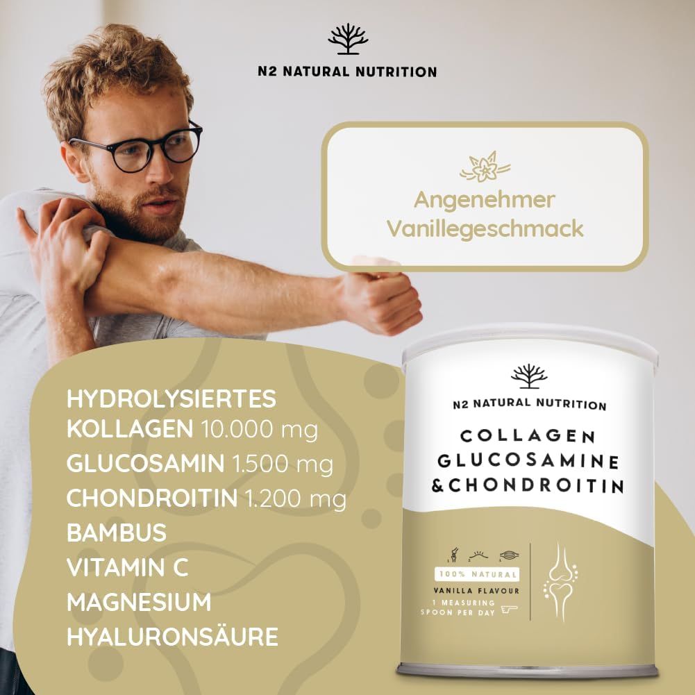Uomo con barattolo N2 Natural Nutrition Collagen Glucosamine & Chondroitin. Testo: Collagene idrolizzato, glucosamina, condroitina.