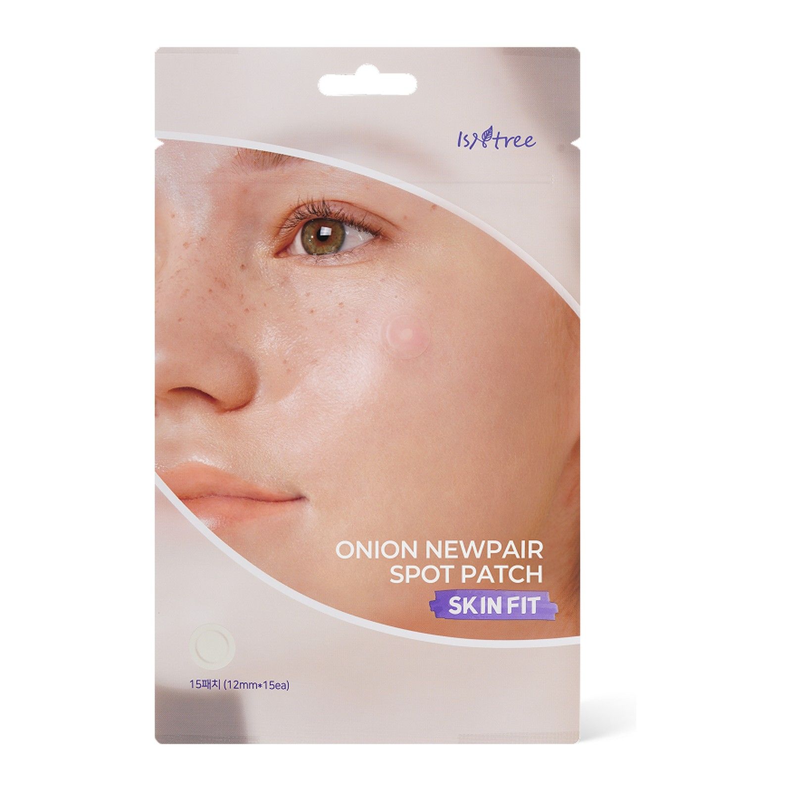 Confezione ISNTREE Onion Newpair Spot Patch con primo piano di un viso.
