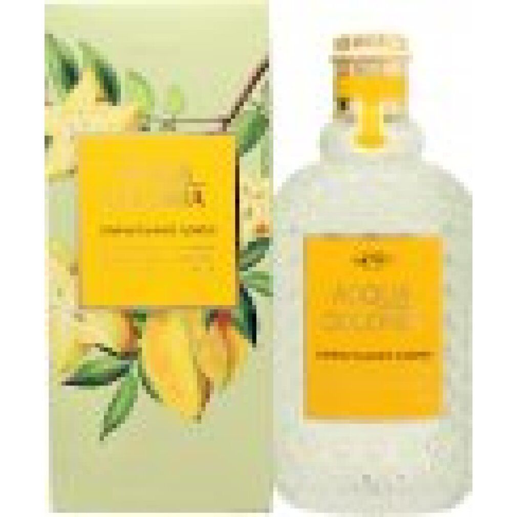 Flacone in vetro con etichetta gialla, 'Acqua Colonia Starfruit & White Flowers'. Scatola con illustrazione di carambola.