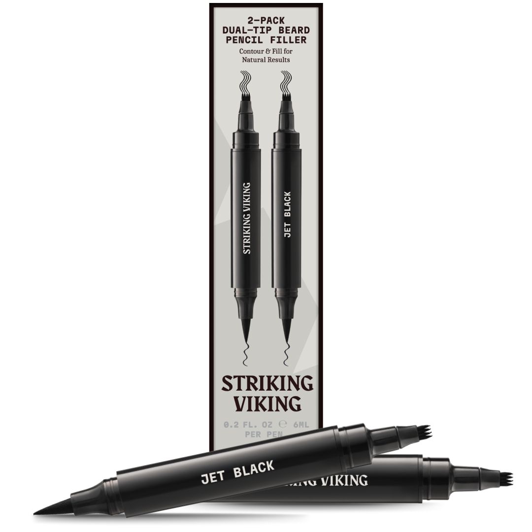 Confezione e due matite nere per barba a doppia punta, con stampa "Jet Black" e "Striking Viking".