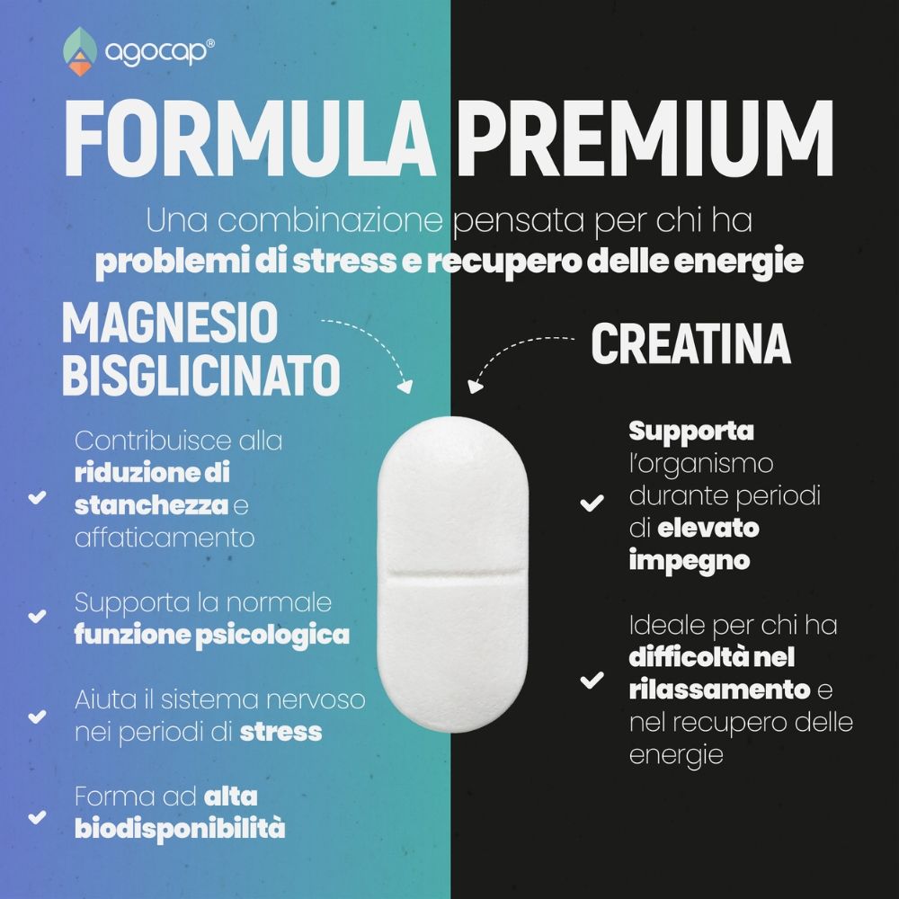 Una compressa. Testo: FORMULA PREMIUM. Magnesio Bisglicinato e Creatina. Aiuta lo stress e il recupero. Alta biodisponibilità.