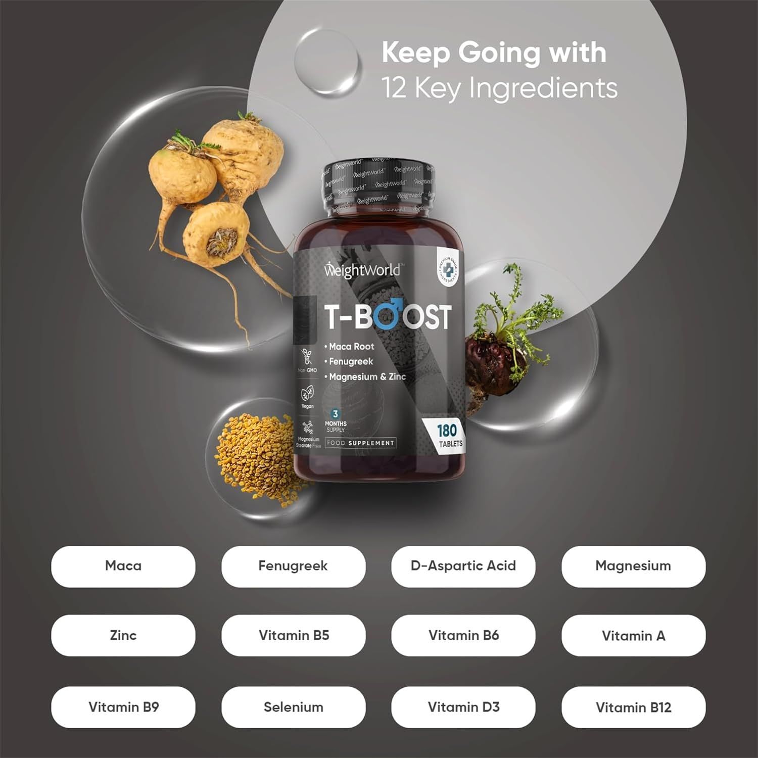 Flacone T-BOOST con ingredienti: Maca, Fieno greco, Magnesio e Zinco. 12 ingredienti chiave. Sfondo con gocce.