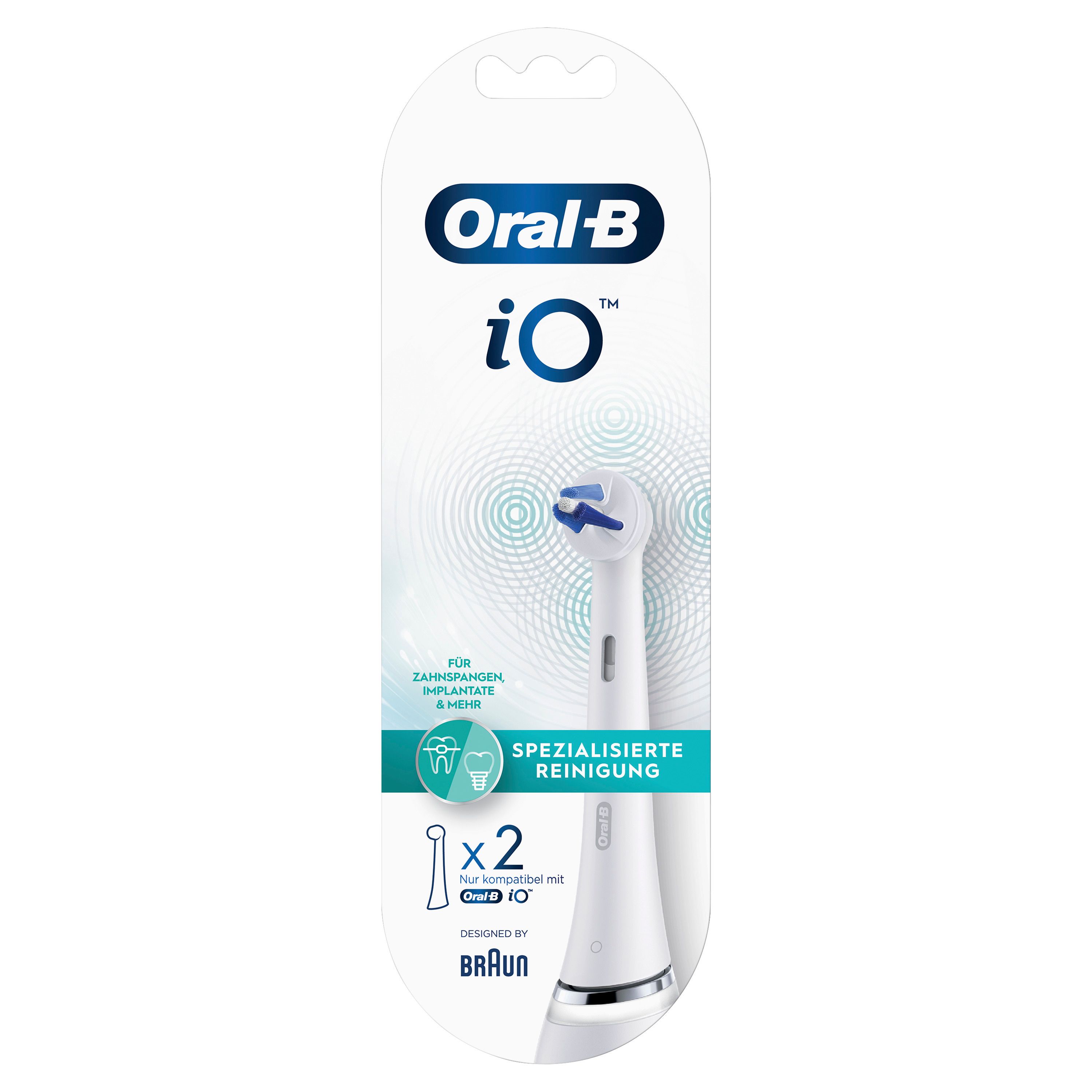 Confezione con due testine Oral-B iO. Pulizia specializzata. Testine bianche, setole blu. Logo Braun.