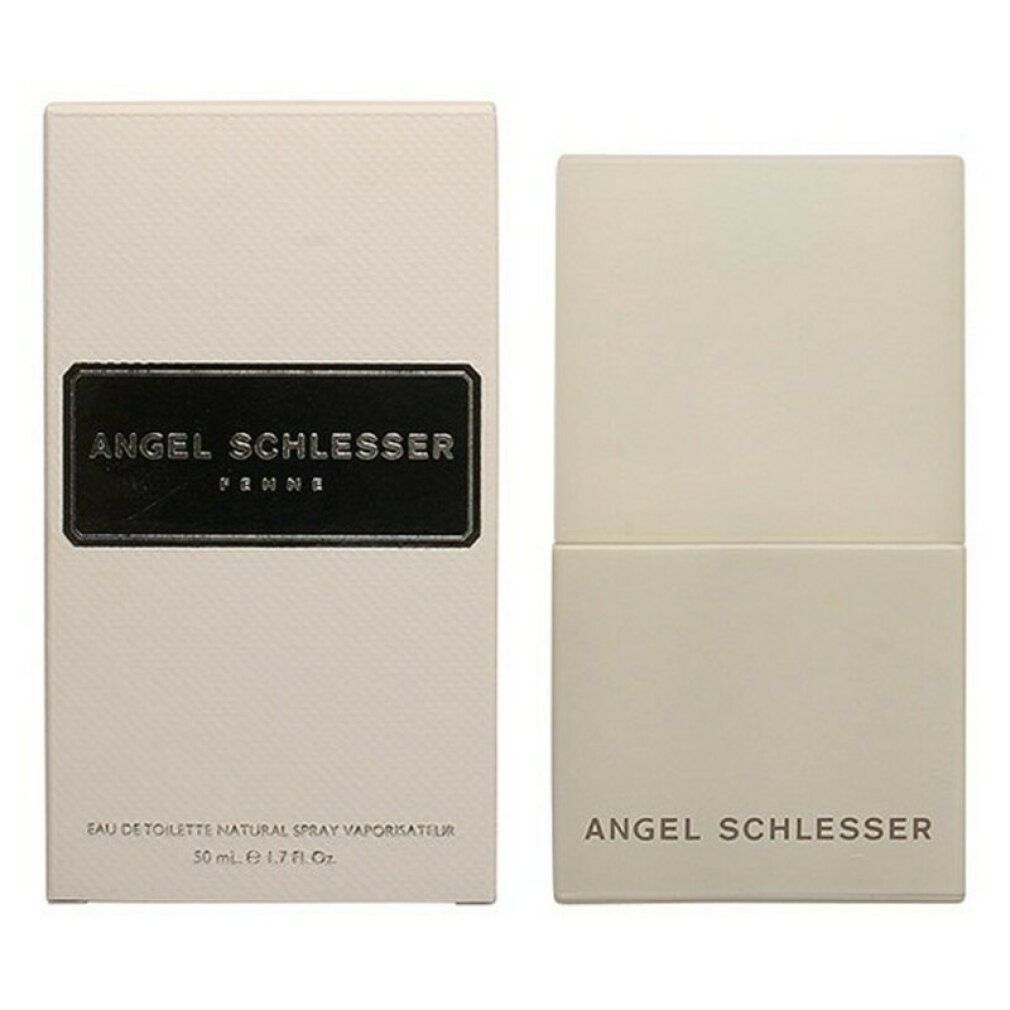 Spray Eau de Toilette beige e confezione. Scritta: Angel Schlesser Femme.
