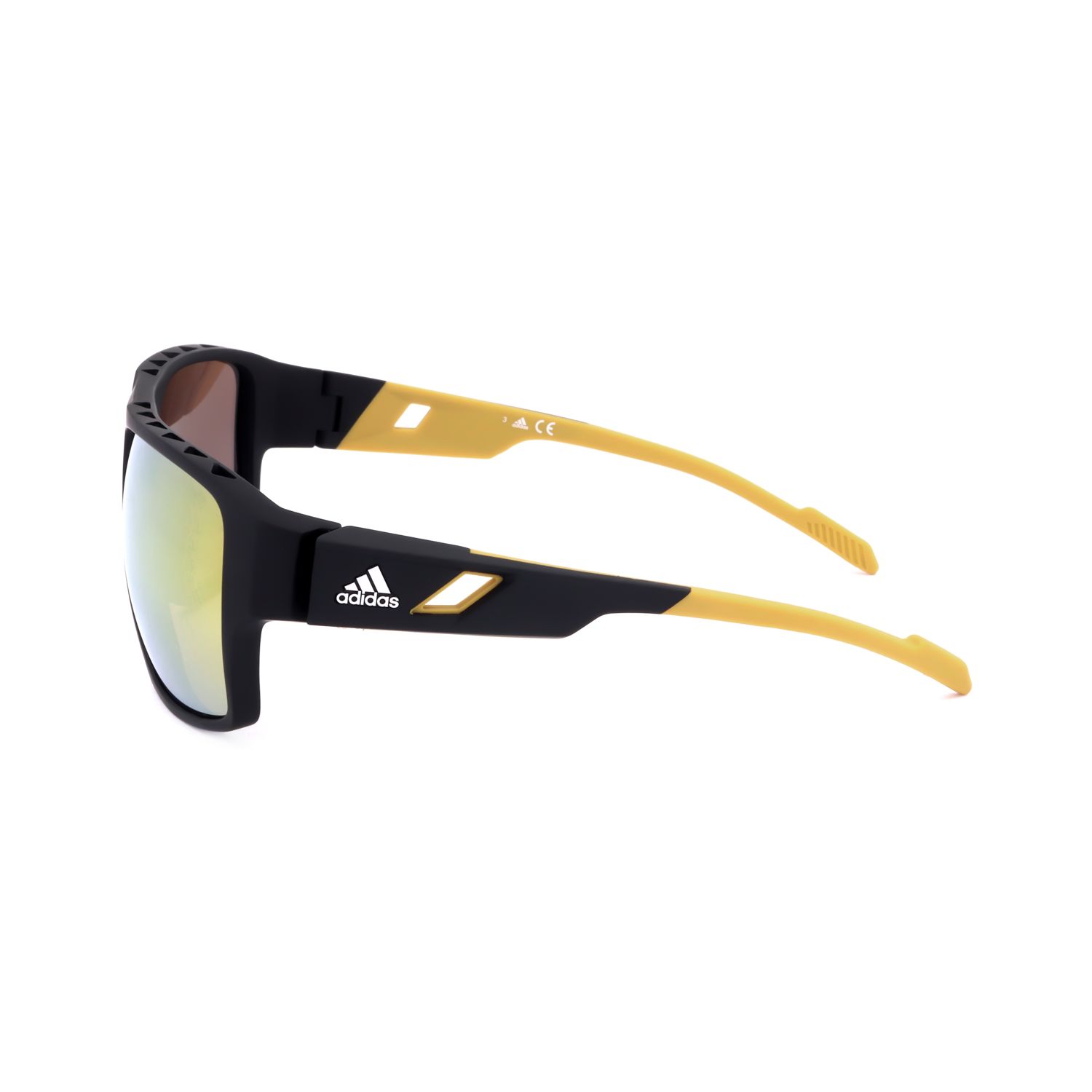 Occhiali da sole sportivi Adidas neri con aste dorate e lenti a specchio.